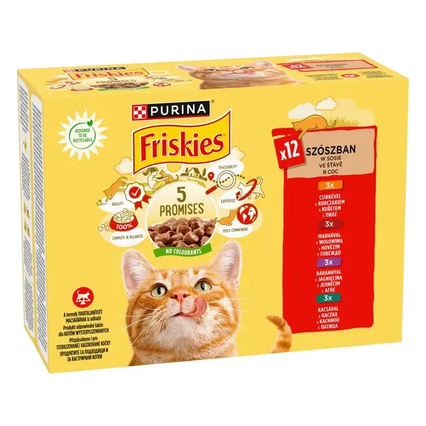 Friskies vlhké krmivo pro kočky v omáčce - s kuřecím, hovězím, jehněčím, kachním 12 x 85 g