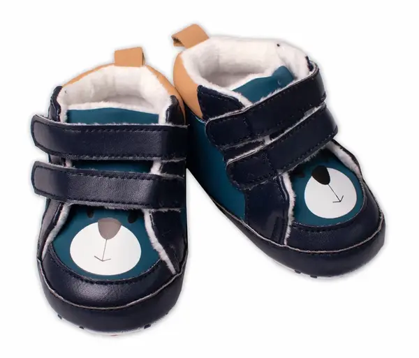 YO ! Kojenecké boty/capáčky Medvídek, s fleecem na suchý zip,petrolejová/hořčice