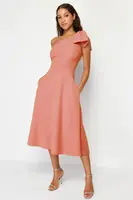 Trendyol Orange A-Cut Bow Detailed Woven Elegant Evening Dress