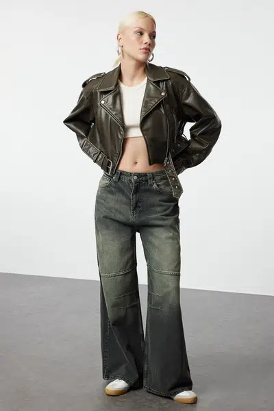 Trendyol Gray Faded Effect Vintage Stitch Detail High Waist Mega Baggy Jeans