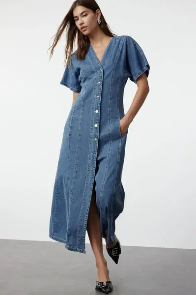 Trendyol Blue Stitch Detailed V Neck Maxi Denim Dress