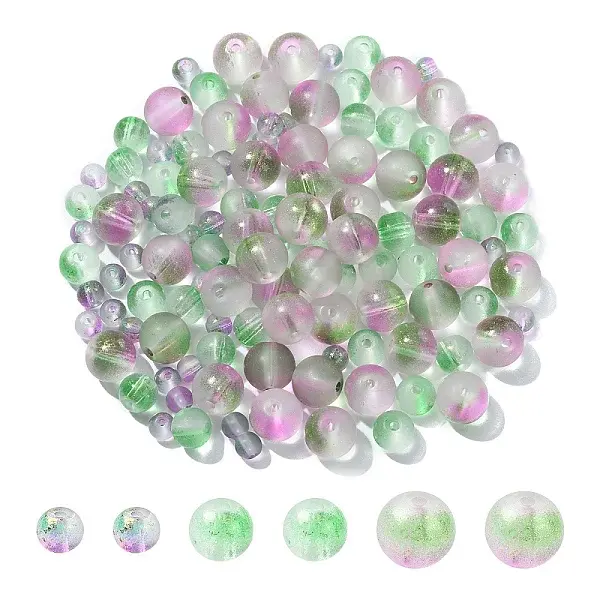 150Pcs 3 Styles Frosted Spray Painted Glass Beads Strands