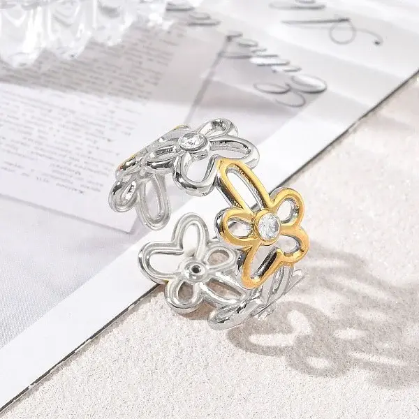 304 Stainless Steel Micro Pave Cubic Zirconia Cuff Open Rings