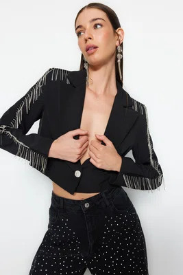 Trendyol Black Crop tkaná podšívka lesklá kamenná bunda
