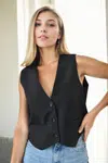 90619 Dewberry Pocket Detailed 3 Button Lined Women Vest-BLACK