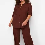 Trendyol Curve Brown Textured Button-Woven Shirt-Trousers Plus Size Bottom-Top Set
