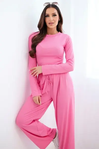 Kesi Włoski Dámský viskózový komplet s halenkou a širokými kalhotami světle růžový