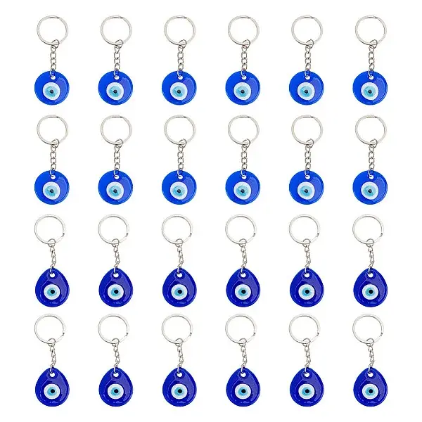24Pcs 2 Styles Handmade Lampwork Teardrop & Flat Round with Evil Eye Keychains
