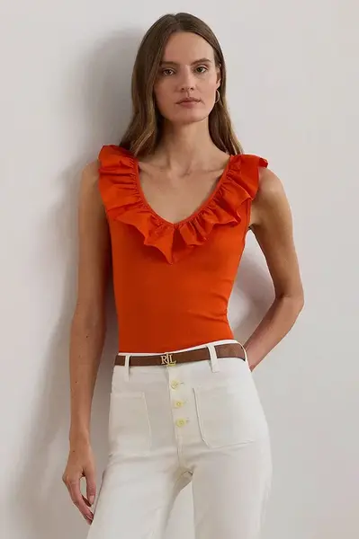 Bavlněný top Lauren Ralph Lauren oranžová barva, 200957654