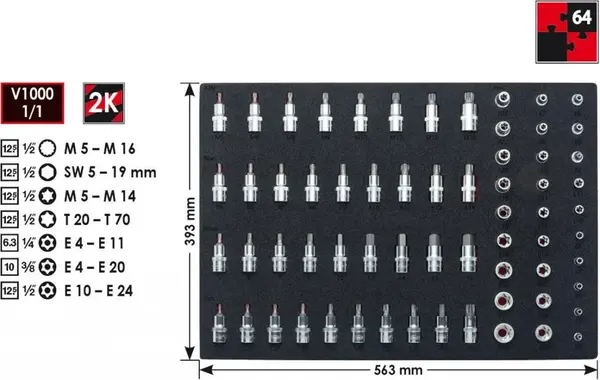 Vigor Sada nástrčných klíčů a hlavic s bity ve výplni do dílenských vozíků, 64 dílů - V2837