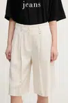 Šortky s příměsí lnu Joop! béžová barva, high waist, 30046412