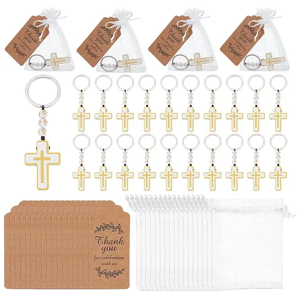 30Pcs Cross Wood Pendant Keychains