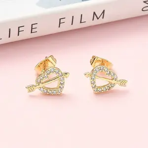 Heart Brass Micro Pave Clear Cubic Zirconia Stud Earrings