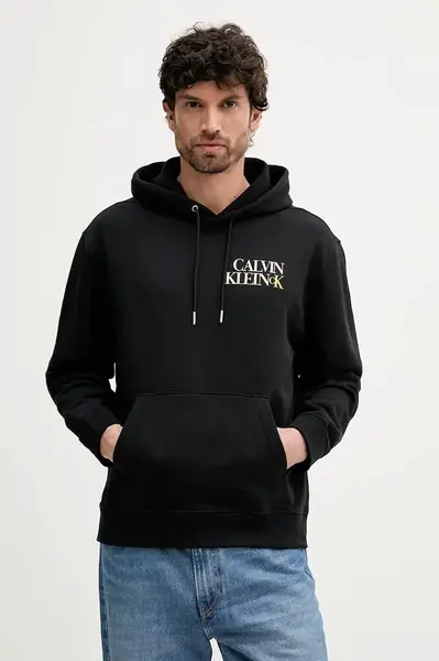 Mikina Calvin Klein Jeans pánská, černá barva, s kapucí, s potiskem, LV04RC283G
