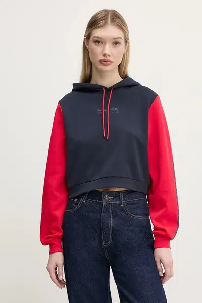 Mikina Red Bull Racing x Pepe Jeans COLOUR BLOCK HOODY dámská, tmavomodrá barva, s kapucí, s potiskem, RL580007