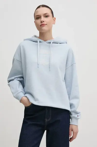 Mikina Tommy Hilfiger dámská, modrá barva, s kapucí, s potiskem, WW0WW45523