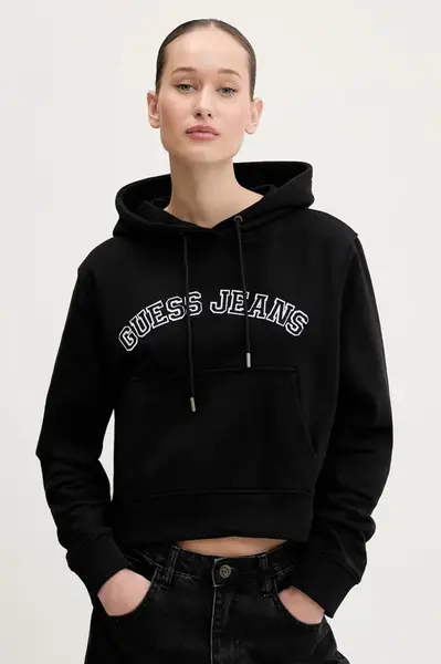 Bavlněná mikina Guess Jeans dámská, černá barva, s kapucí, s aplikací, W5GQ22 K68I4