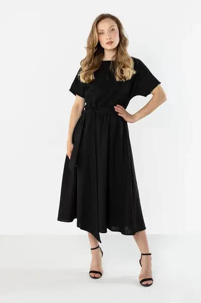 Linen Midi Šaty s vázáním v pase