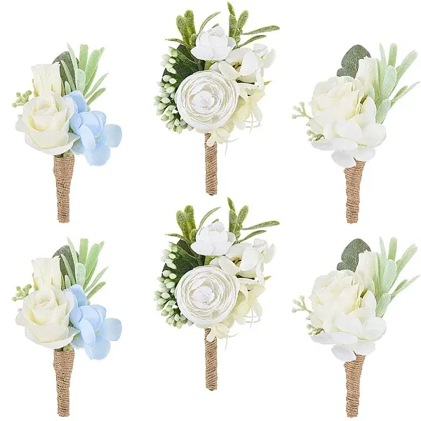 6Pcs 3 Styles Silk Cloth Flower Boutonniere Brooch