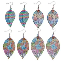 4 Pairs 4 Style Spray Painted Stainless Steel Holllow Leaf Dangle Earrings