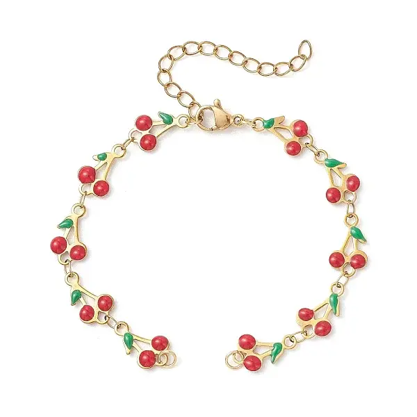 304 Stainless Steel Enamel Red Cherry Link Chain Bracelet Making