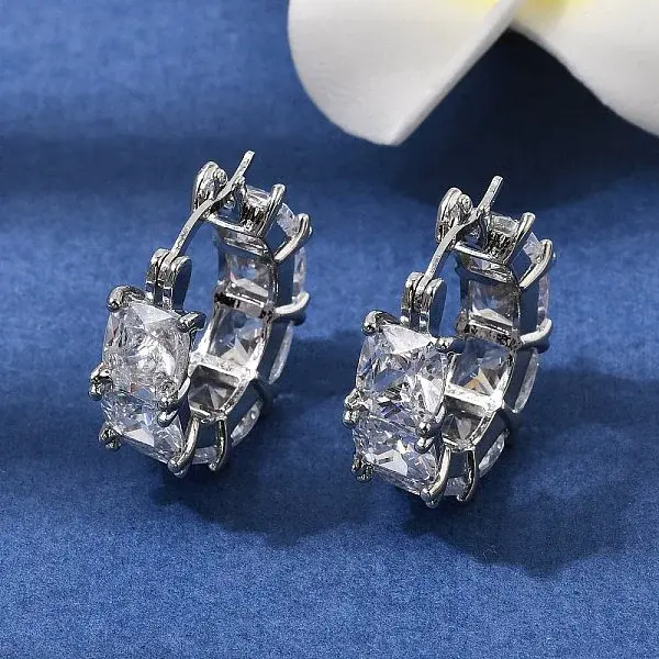 Square Brass Micro Pave Clear Cubic Zirconia Hoop Earrings