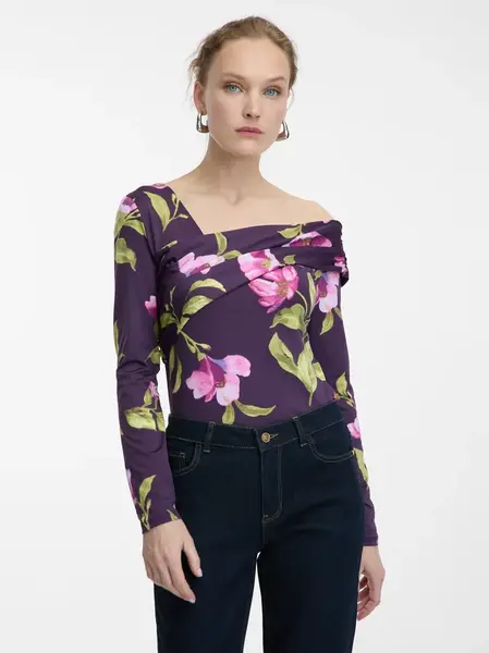 Fialová dámská halenka s květinovým vzorem