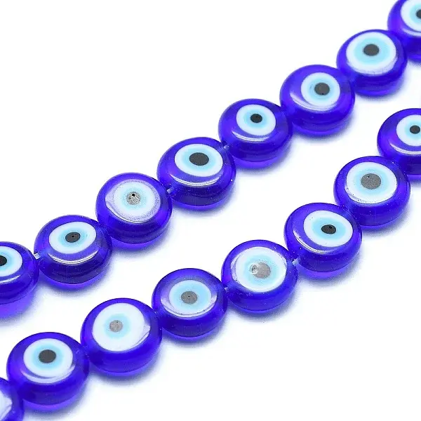 Handmade Evil Eye Lampwork Flat Round Bead Strands