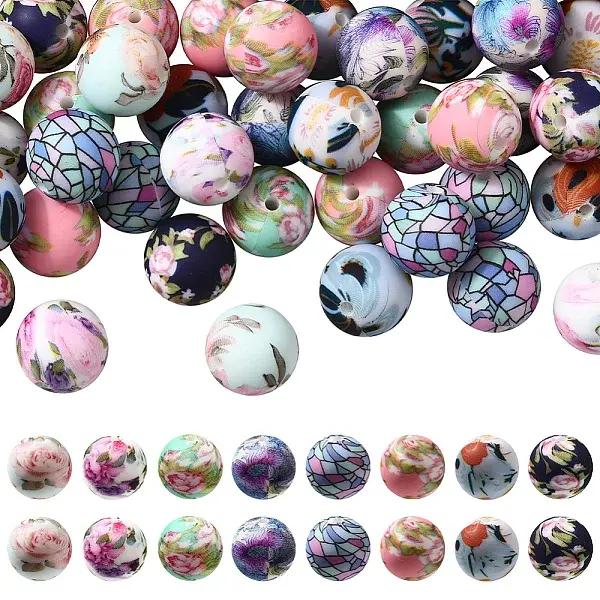 64Pcs 8 Colors Printed Round Silicone Focal Beads
