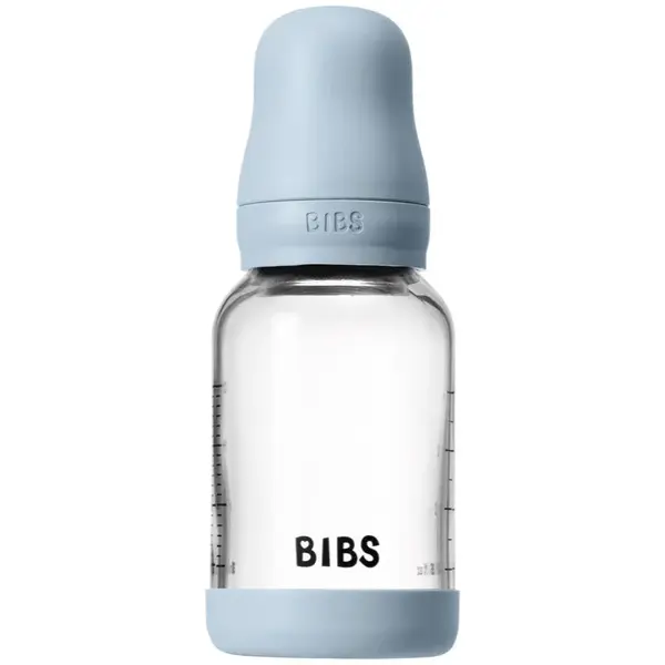 BIBS Baby Glass Bottle Silicone antikoliková fľaša so silikónovým náustkom Baby Blue 120 ml