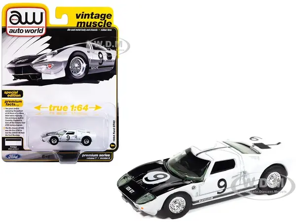 1964 Ford GT40 9 White with Black Hood and Stripes "Vintage Muscle" Series 1/64 Diecast Model Car by Auto World