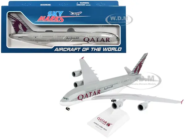 Airbus A380 Commercial Aircraft "Qatar Airways" (A7-APA) Gray with Tail Graphics (Snap-Fit) 1/200 Plastic Model by Skymarks