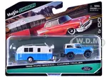 1966 Ford Bronco Blue with White Top and Camper Trailer Blue and White "Tow &amp; Go" Series 1/64 Diecast Model Car by Maisto