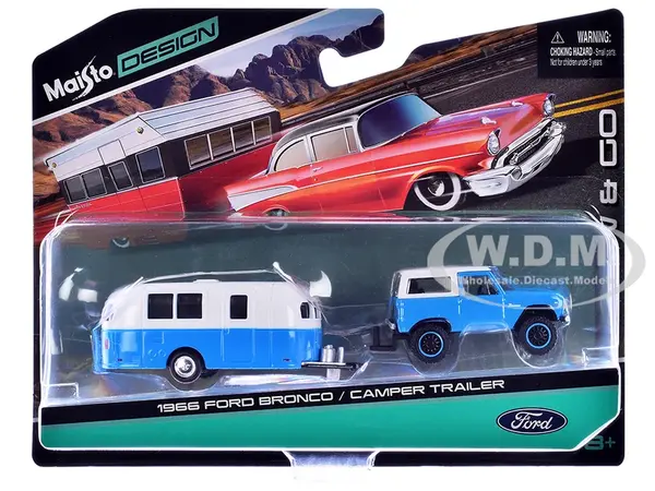 1966 Ford Bronco Blue with White Top and Camper Trailer Blue and White "Tow &amp; Go" Series 1/64 Diecast Model Car by Maisto