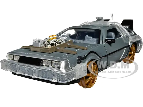 DeLorean Brushed Metal Time Machine (Train Wheel Version) with Lights "Back to the Future Part III" (1990) Movie "Hollywood Rides" Series 1/24 Diecas