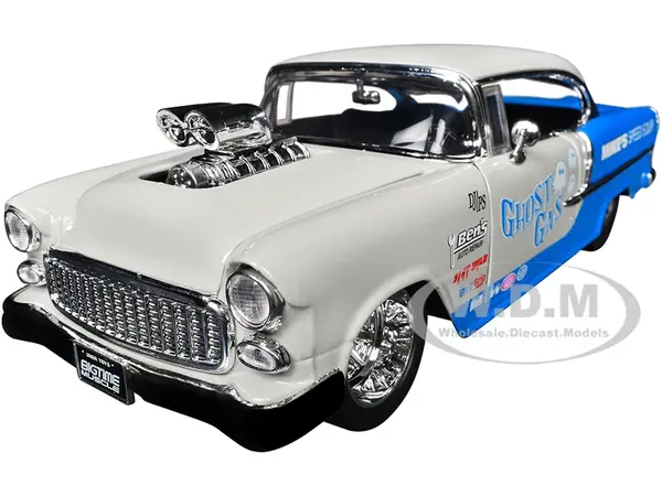 1955 Chevrolet Bel Air "Ghost Gas - Mikes Speed Equip" Light Gray and Blue "Bigtime Muscle" Series 1/24 Diecast Model Car by Jada