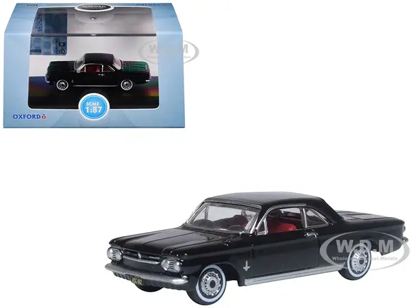 1963 Chevrolet Corvair Coupe Tuxedo Black with Red Interior  1/87 (HO) Scale Diecast Model Car by Oxford Diecast