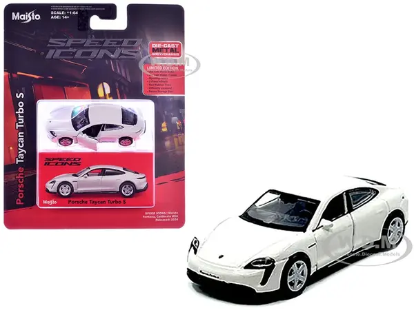 Porsche Taycan Turbo S White "Speed Icons" Series 1/64 Diecast Model Car by Maisto