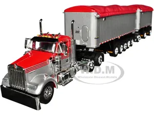 Kenworth W900L Day Cab and East Michigan Series 31 and 20 End Dump Trailers Viper Red and Silver 1/64 Diecast Model by DCP/First Gear