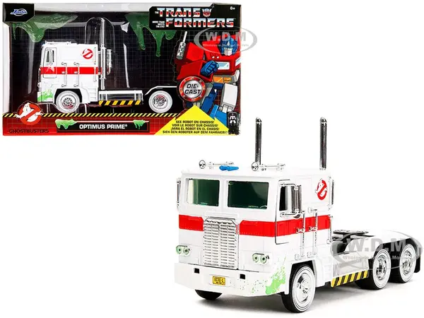 G1 Autobot Optimus Prime Truck White with Robot on Chassis from "Transformers" TV Series - "Ghostbusters" (1984) Movie Crossover "Hollywood Rides" Se