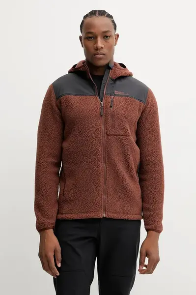 Sportovní mikina Jack Wolfskin KAMMWEG PILE pánská, hnědá barva, s kapucí, hladká, 1711271