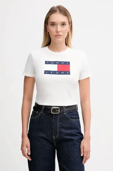 Bavlněné tričko Tommy Jeans dámské, bílá barva, DW0DW22562