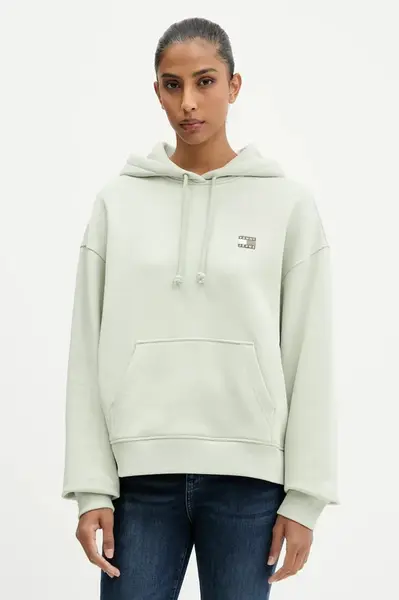 Bavlněná mikina Tommy Jeans dámská, růžová barva, s kapucí, s aplikací, DW0DW19414