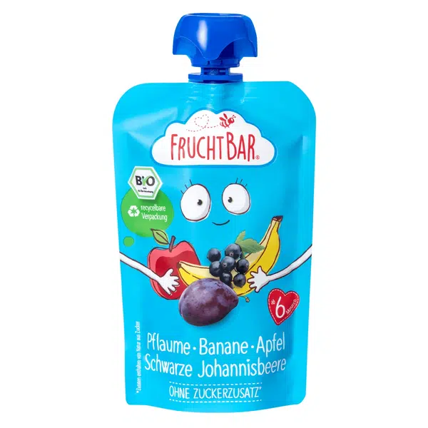 FRUCHTBAR BIO Ovocná kapsička s jablkem, banánem, švestkou a černým rybízem 100 g