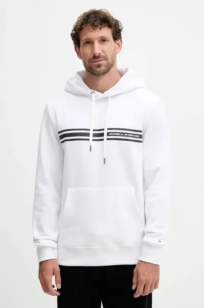 Mikina Tommy Hilfiger pánská, bílá barva, s kapucí, s potiskem, MW0MW38332