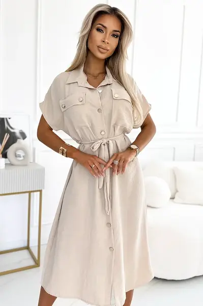 Dámské midi košilové šaty se zlatými knoflíky, zavazováním a krátkým rukávem Numoco