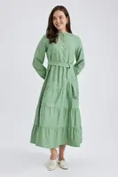 DEFACTO Crew Neck Basic pásové poplínske maxi šaty s dlhým rukávom