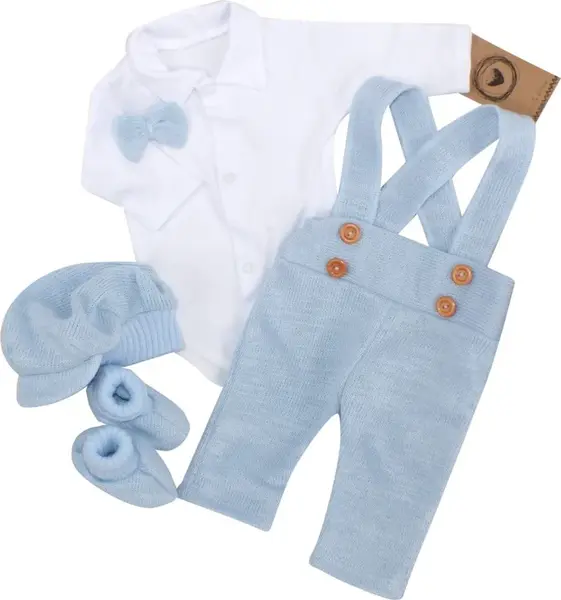 5-dielna pletená sada Boy, body, nohavice, čiapočka motýlik, topánočky, modrá, veľ. 86