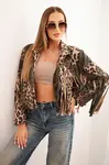 Kesi Włoski Dámska zamatová bunda s leopardím vzorom a strapcami khaki