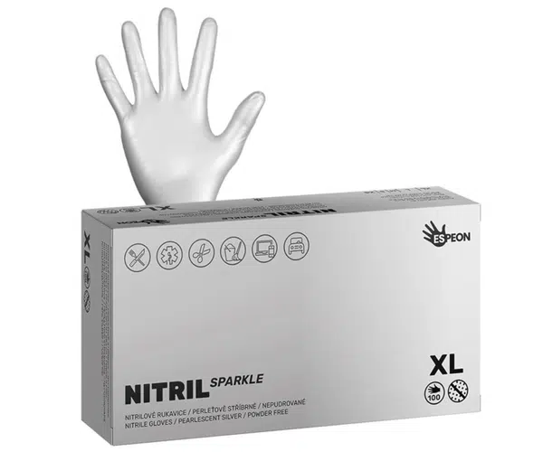 Nitrilové rukavice Espeon Nitril Sparkle - 100 ks, perleťové stříbrné, velikost XL (100176) + dárek zdarma